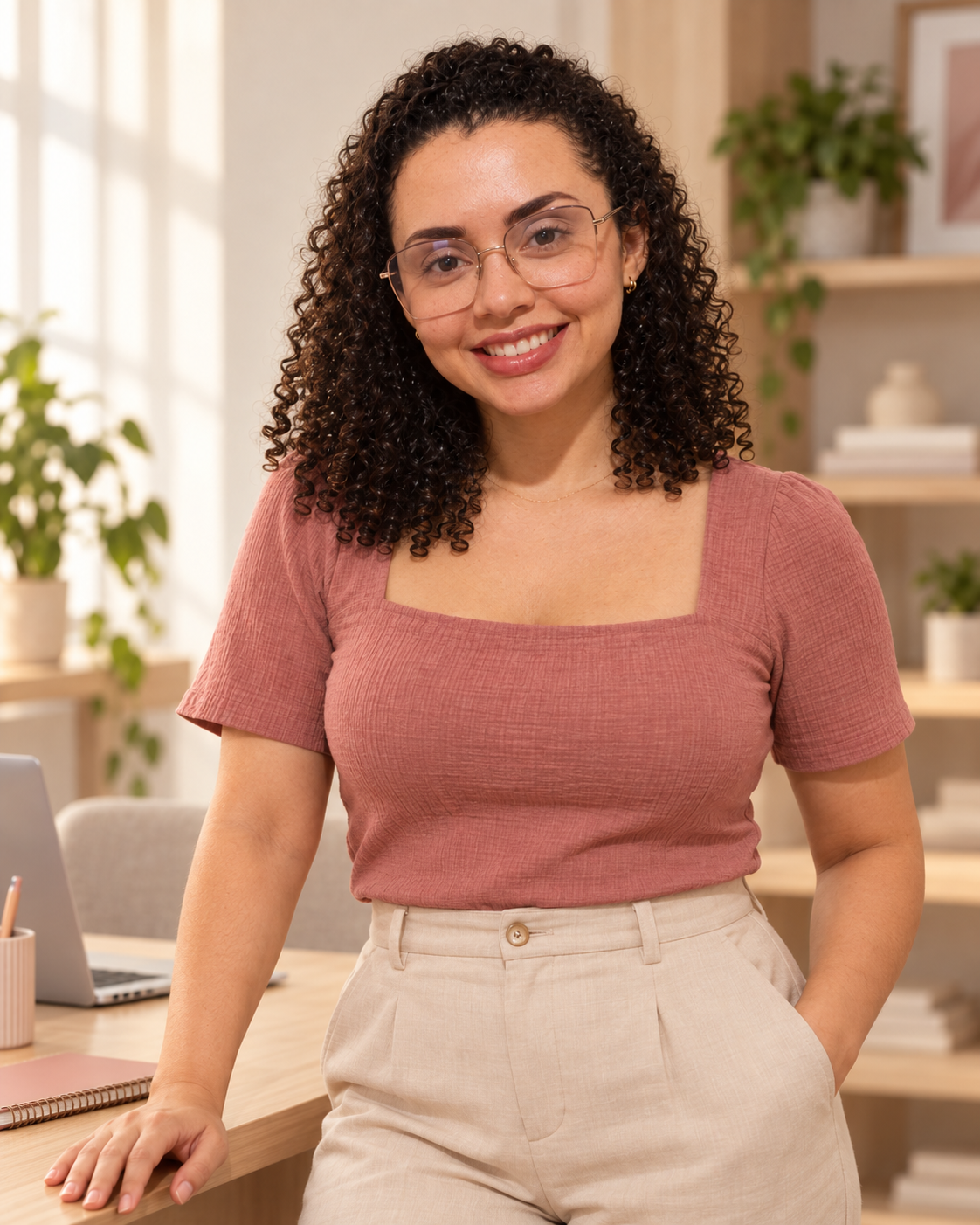 Talita Neves em um ambiente acolhedor